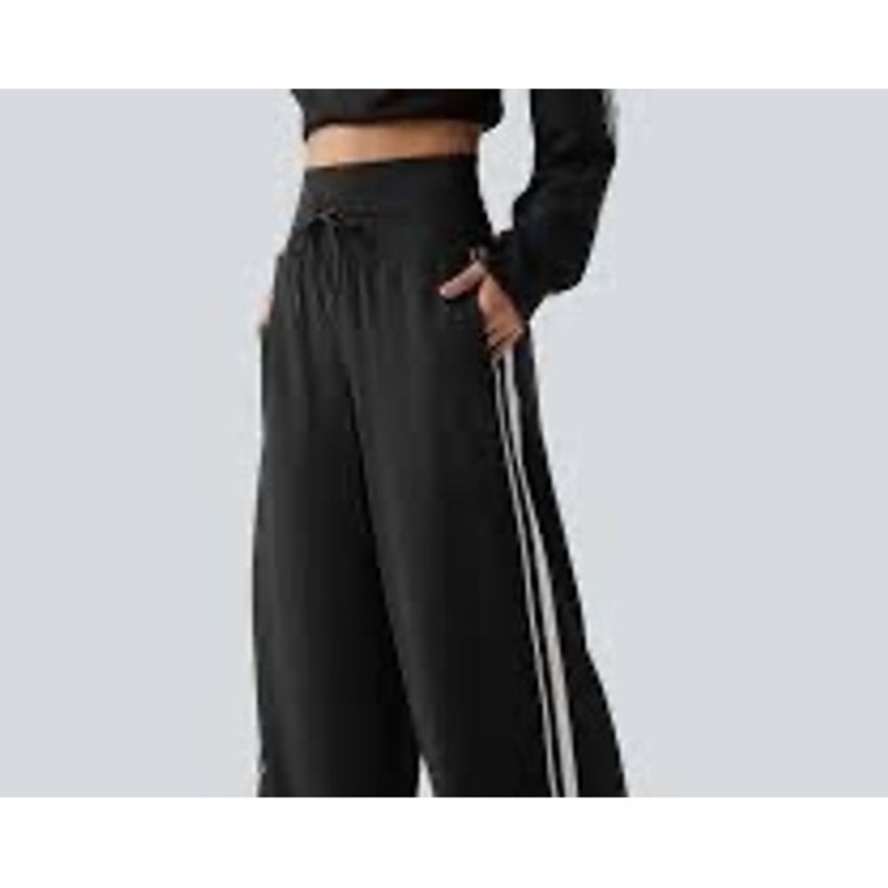 Halara Wide Leg Pants Women M Petite Black Excellent Side Stripe Ribbed Rib Knit